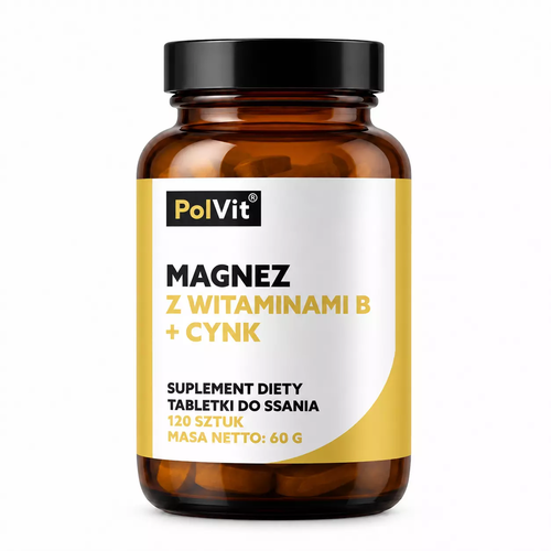 Zdjęcie produktu PolVit Magnez z witaminami FORTE + CYNK Tabletki do ssania (120 sztuk)