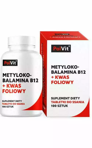 Zdjęcie produktu  PolVit  Metylokobalamina B12 1000 µg + Kwas foliowy 400 µg 100 tabl.